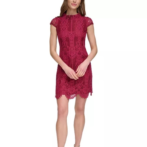Vince Camuto NWT Women Red Wine Lace Mock Neck Cap Sleeve Scallop Mini Dress 4 - Picture 1 of 11